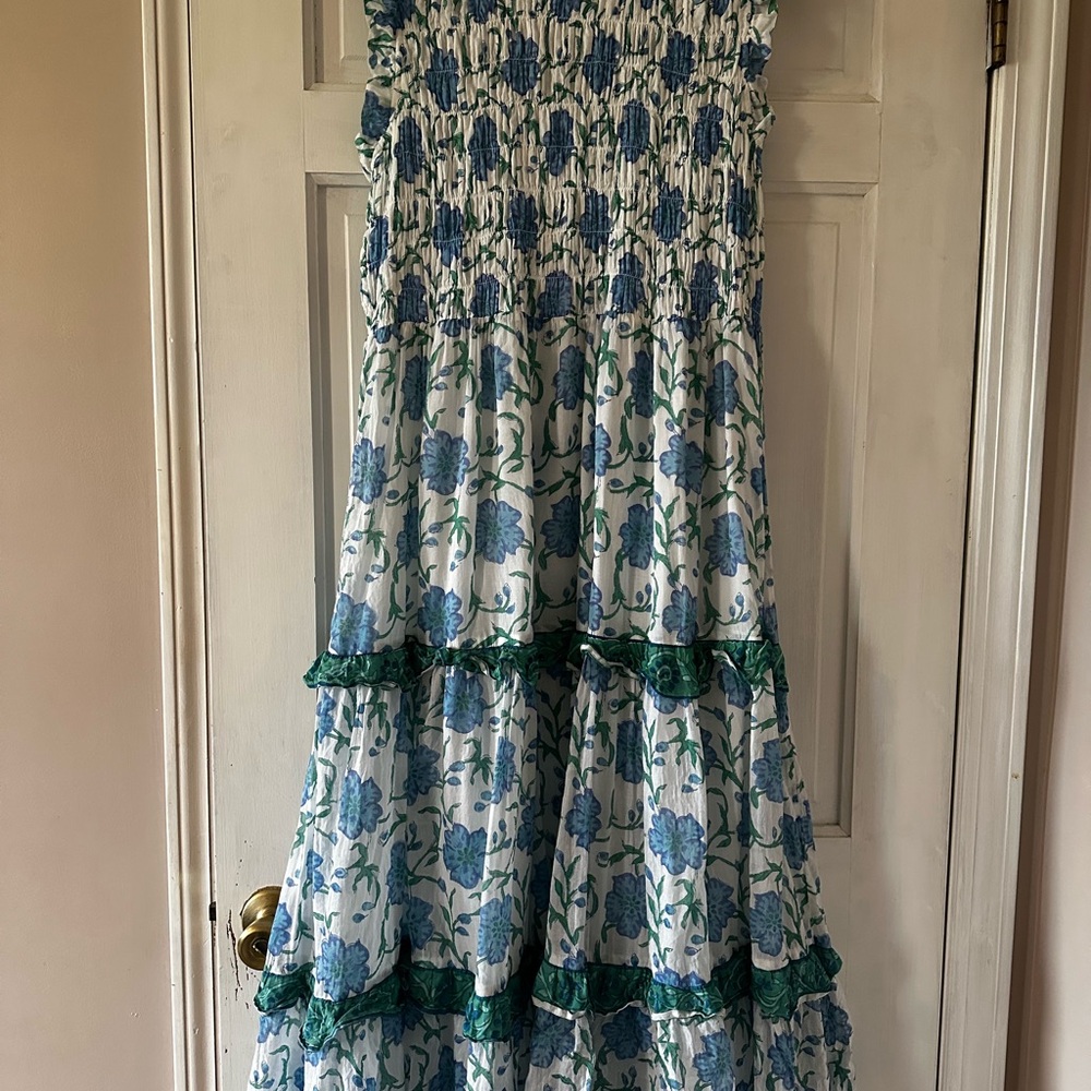 Green and Blue Tiered Trumpet Maxi Skirt for Resort Wear